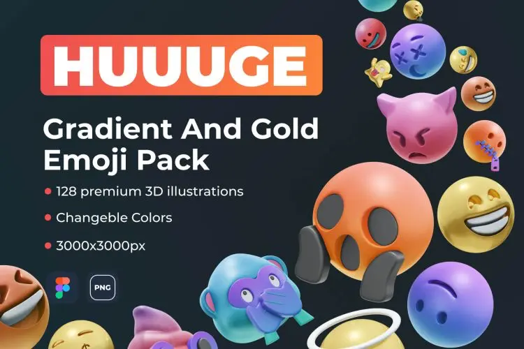 HUUUGE Gradient And Gold Emoji 3D Pack  120款创意潮流3D立体emoji表情包webp免抠icon图标插画设计素材