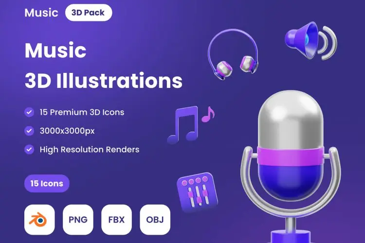 MYMUSIC 3D Music Icons  15款3D立体卡通音乐话筒耳机音符app网页icon图标webp免抠图片素材