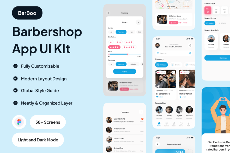 Barboo – Barbershop App UI Kit  38屏现代简约风格的高级理发店移动应用 UI 套件