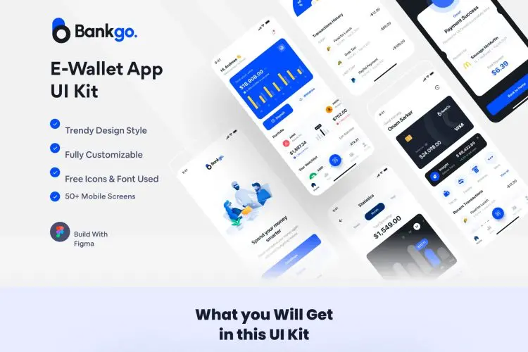 Bankgo – E Wallet App UI Kit  50屏银行电子钱包在线支付用户界面手机app设计ui模板