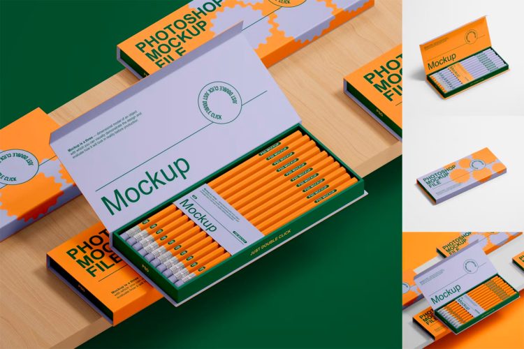 Pencil Packaging Mockup Set  4款时尚文创翻盖文具铅笔纸盒产品包装设计ps样机场景展示效果图