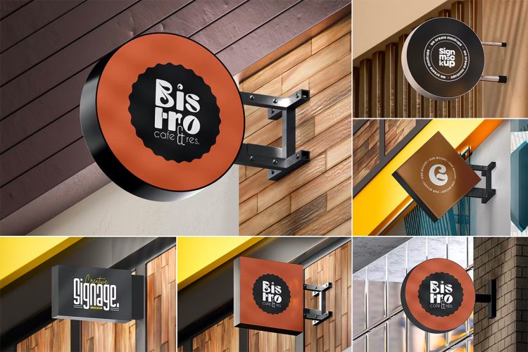 Outdoor 3d Signboard Mockups Psd  6款户外壁挂墙门店导视招牌模型营销展示设计贴图ps展览展示样机素材模板