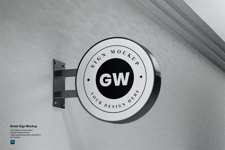 Street Sign Mockup 3款街道圆形挂墙门店招牌模型设计贴图ps展览展示样机素材模板