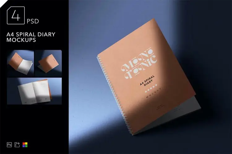 A4 Spiral Diary Mockups  4款螺旋圈装A4记事笔记本模型品牌展示设计贴图ps办公文具样机素材模板