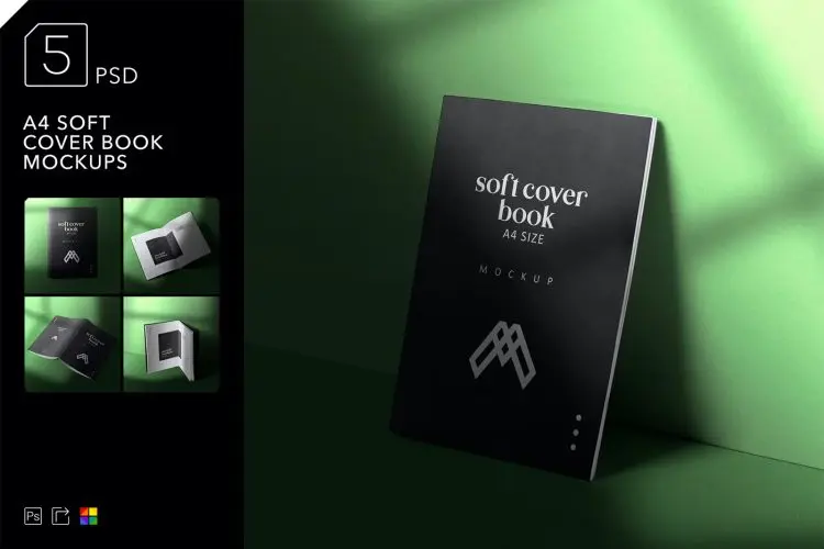 A4 Soft Cover Book Mockups  5款A4平装书籍模型品牌展示封面封底内页设计贴图ps样机素材模板