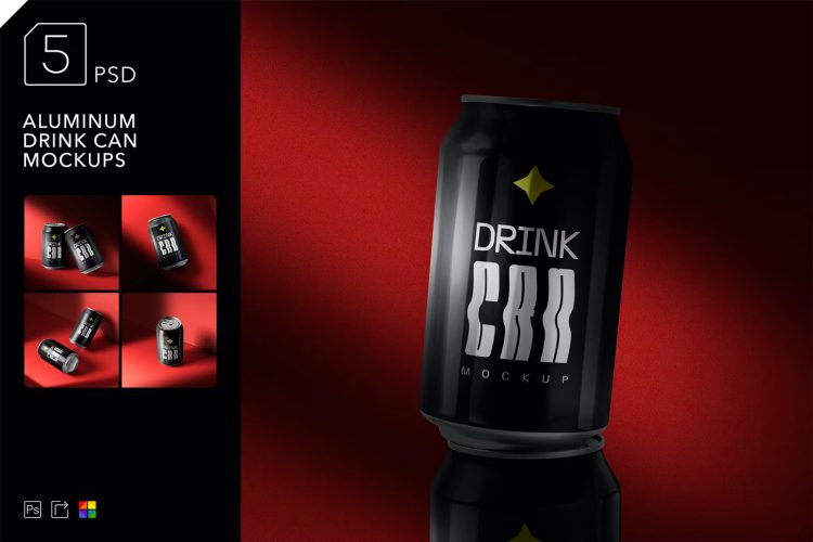 Aluminum Drink Can Mockups  5款铝制易拉罐模型品牌logo营销包装广告设计贴图ps样机素材模板