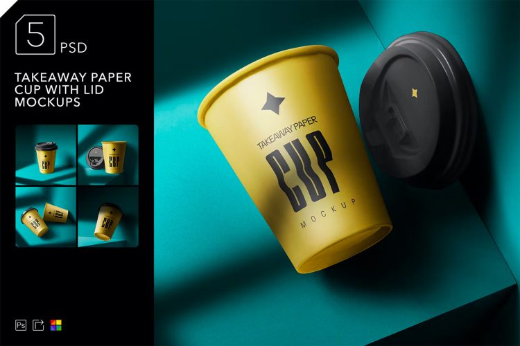 Takeaway Paper Cup With Lid Mockups 5款质感一次性咖啡外卖热饮杯纸杯包装设计ps样机素材展示效果图