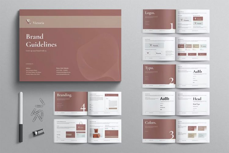 Brand Guidelines Brochure Landscape Template 16页A4横版现代简约品牌VI规范指导手册排版设计id版式素材模版