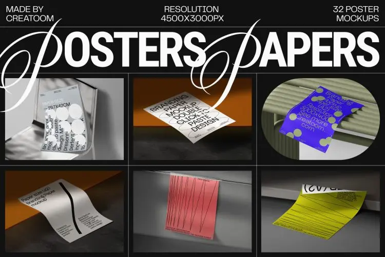 32 Poster & Paper mockups  32款工业风A4单页招贴传单海报设计作品贴图ps样机素材展示效果图
