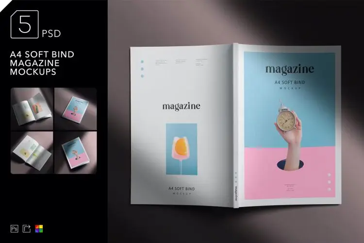 A4 Soft Bind Magazine Mockups 5款A4软装订杂志模型封面封底内页展示设计贴图ps样机素材模板