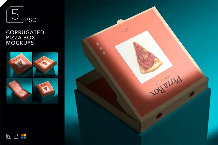 Corrugated Pizza Box Mockups  5款瓦楞披萨盒模型品牌logo标识设计贴图ps包装样机素材模板