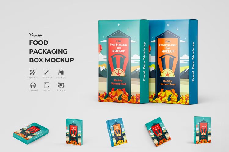 Premium Vertical Food Packaging Box PSD Mockup  6款质感立式长方形扁平食品包装盒模型盒身品牌logo设计贴图ps样机素材模板