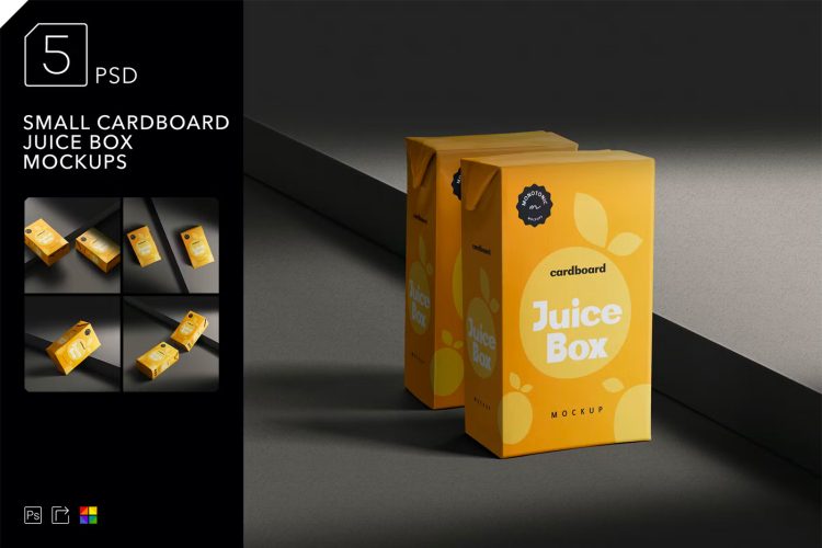 Small Cardboard Juice Box Mockups  5张小纸板果汁饮料牛奶纸盒装模型品牌logo展示设计贴图ps包装样机素材模板