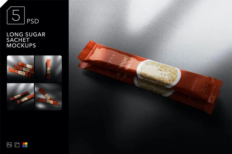 Long Sugar Sachet Mockups  5款长条糖袋咖啡袋模型品牌logo展示设计贴图ps包装样机素材模板