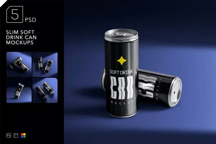 Slim Soft Drink Can Mockups  5款铝制细长易拉罐饮料模型罐身品牌logo设计贴图ps包装样机素材模板