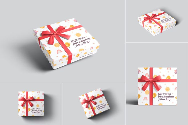 Gift Box Packaging Mockups  5张节日礼品礼物包装盒模型盒身设计贴图ps样机素材模板