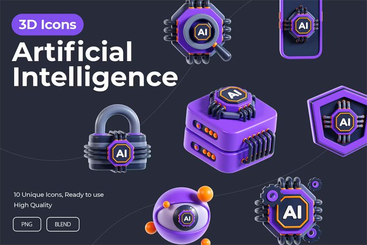 Artificial Intelligence 3D Icons  10款Ai人工智能科技未来数据加密网络系统3D图标icon设计素材png免抠图片