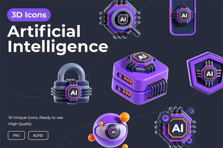 Artificial Intelligence 3D Icons  10款Ai人工智能科技未来数据加密网络系统3D图标icon设计素材webp免抠图片