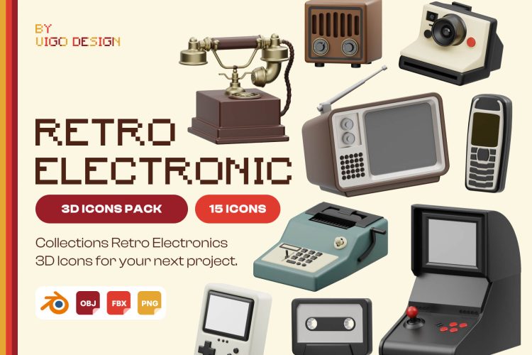 Retro Electronics 3D Icon 老式怀旧游戏机电话收音机复古电子产品3D插画png免抠图片素材