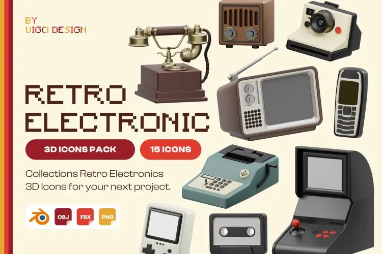 Retro Electronics 3D Icon 老式怀旧游戏机电话收音机复古电子产品3D插画webp免抠图片素材