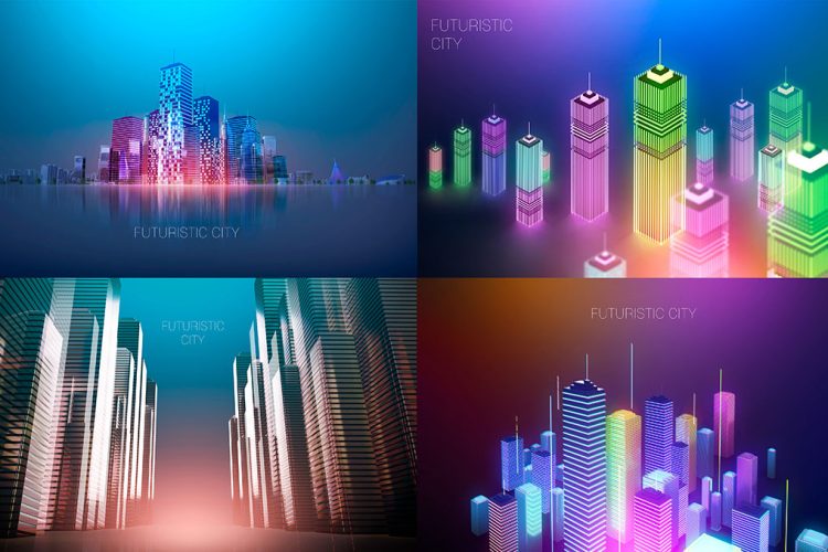 16 Futuristic City Visual Design  16款未来科幻数字幻彩城市建筑高楼大厦主视觉海报设计ps分层素材