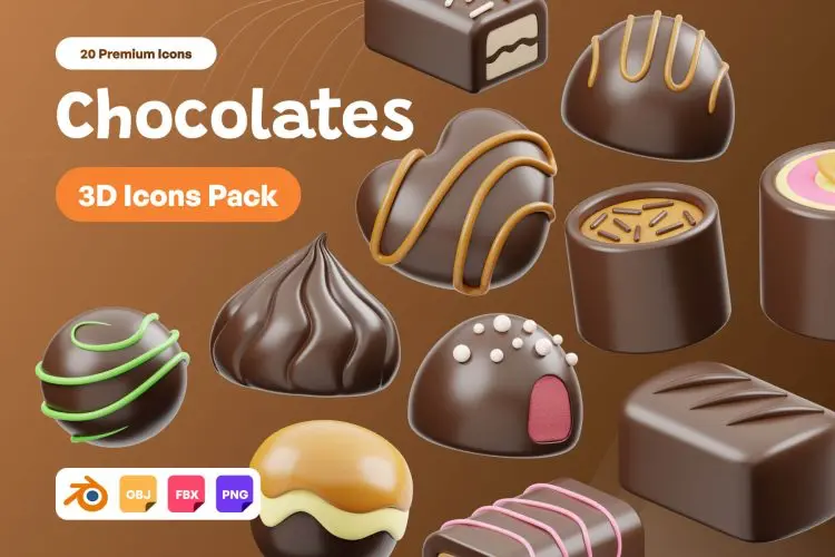 Chocolate 3D Icon 20款卡通有趣巧克力糕点甜点3D三维图标Icons设计素材Blender模型