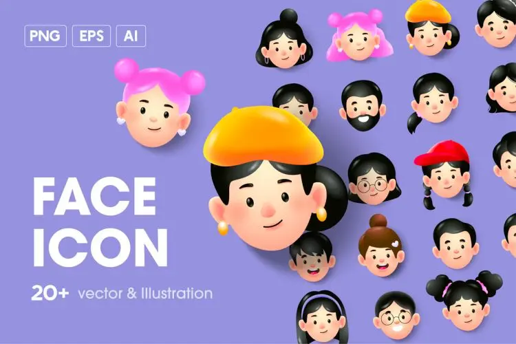 Face Icon Pack  20款趣味卡通男女头像人脸表情矢量图标icon设计素材