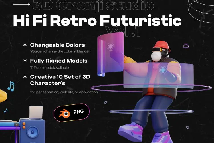 3D Hi Fi Retro Futuristic Character  3D立体创意潮流复古未来主义音乐潮人插图插画webp免抠设计素材