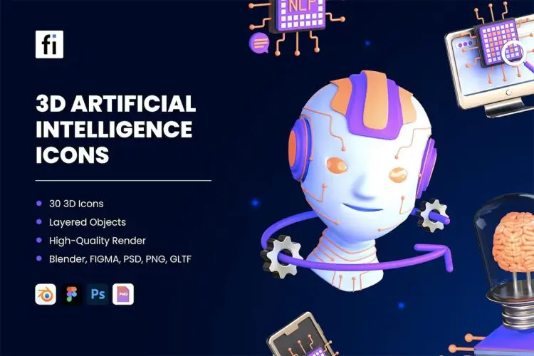 3D Artificial Intelligence Icons  30款人工智能Ai科技应用场景演示3D图标icon站位插图插webp免抠图片设计素材