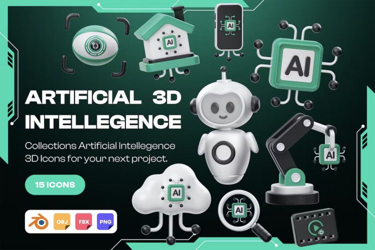 Artificial Intelligence 3D Illustration  15款人工智能Ai科技应用场景演示3D图标icon素材png免抠图站位插画