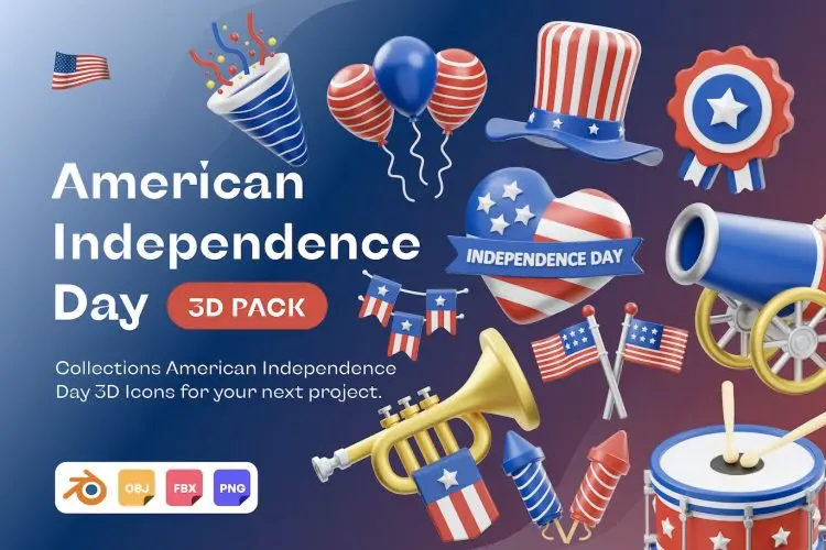 American Independence Day 3D Icon  15款美国独立日庆典派对装饰元素3D图标icon设计素材webp免抠图片