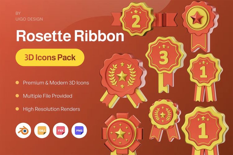 Rosette Ribbon Medal 3D Icon  15款玫瑰花结丝带奖牌徽章勋章奖章3D图标icon设计素材png免抠图片