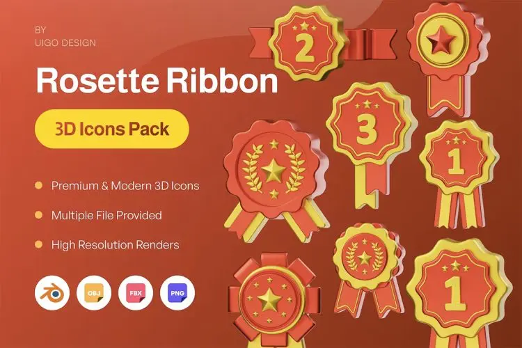 Rosette Ribbon Medal 3D Icon 15款玫瑰花结丝带奖牌徽章勋章奖章3D图标icon设计素材webp免抠图片