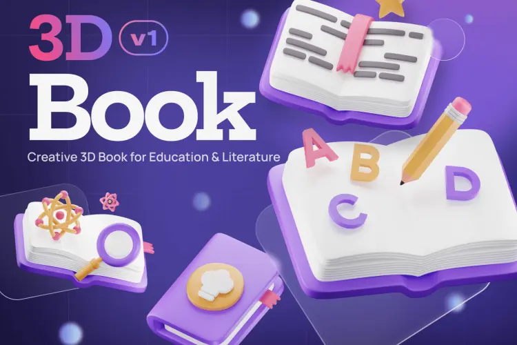 Bookly – Books & School Stationery 3D Icon  20款圈装活页笔记本记事本备忘录铅笔紫色3D图标icon设计素材webp免抠图片