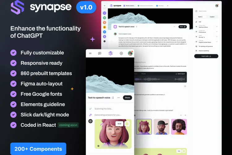 Synapse – AI UI Kit 双配色AI人工智能聊天机器人App应用程序ui套件Fig界面设计模板