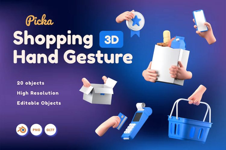 Shopping Hand Gesture 3D  20款购物支付场景3D手势icon设计素材png免抠图片