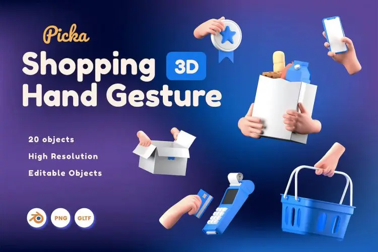 Shopping Hand Gesture 3D  20款购物支付场景3D手势icon设计素材webp免抠图片