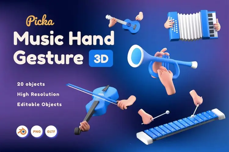 Music Hand Gesture 3D  20款音乐乐器弹奏3D手势插图icon设计素材webp免抠图片