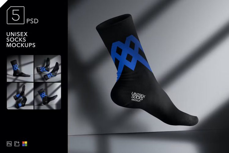 Unisex Socks Mockups  5款中帮运动袜子模型品牌logo设计贴图ps服饰样机素材模板