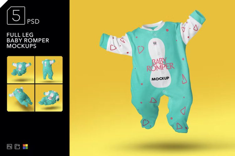 Full Leg Baby Romper Mockups  5款婴儿宝宝连衣裤模型展示设计贴图ps服饰样机素材国外设计模板