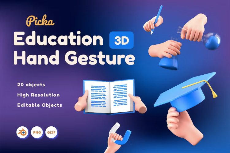 Education Hand Gesture 3D  20款教育授课场景3D手势icon设计素材png免抠图片