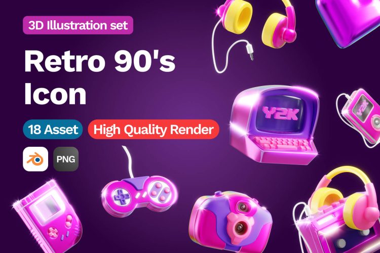 3D Retro 90s Icon  18款90年代Y2K复古3D数码产品游戏机潮流插图插画png免抠图片素材