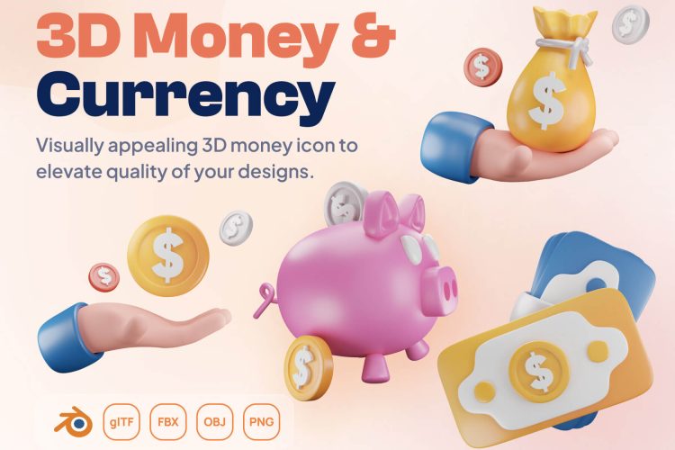 Mony – Money & Currency 3D Icon Set  20款3D趣味卡通金融货币交易储蓄钱包插图插画png免抠图片素材
