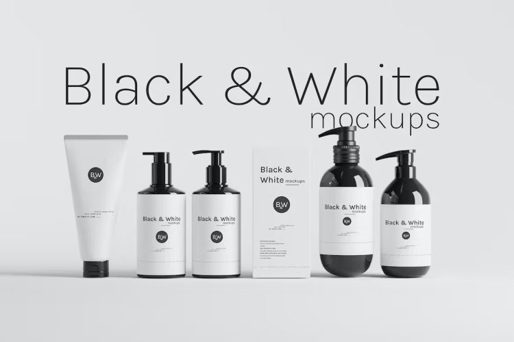 Black & White Mockups – Pump Bottles  159款化妆品乳液分装泵瓶产品包装设计ps样机素材展示效果图合集