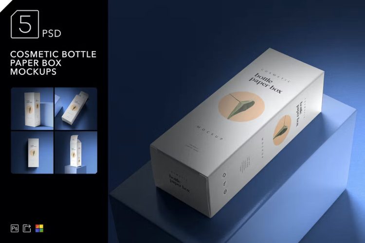 Cosmetic Bottle Paper Box Mockups  5款长方形化妆品瓶纸盒模型营销展示设计贴图ps包装样机素材模板