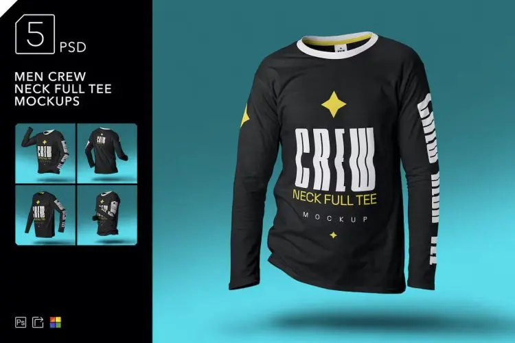 Men Crew Neck Full Tee Mockups  5款逼真男士圆领全运动T恤模型印花设计贴图ps服饰样机素材模板