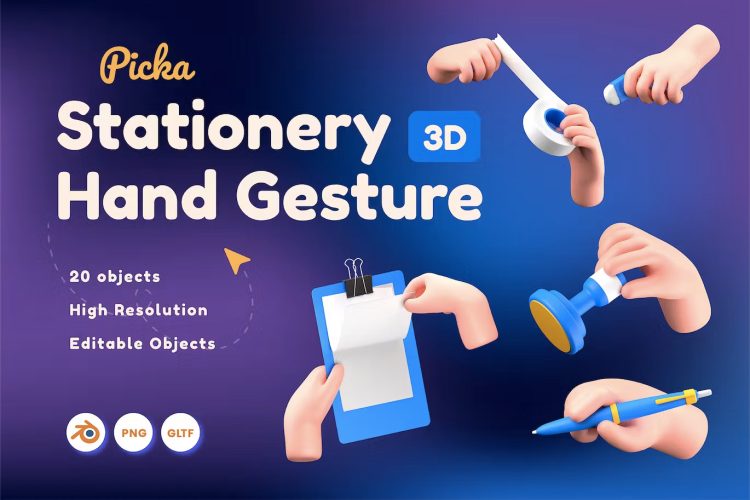 Stationery Hand Gesture 3D  20款办公文具使用场景3D手势插图icon设计素材png免抠图片