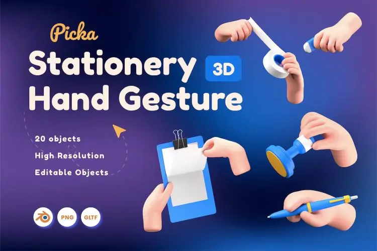 Stationery Hand Gesture 3D  20款办公文具使用场景3D手势插图icon设计素材webp免抠图片