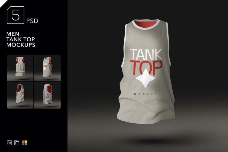 Men Tank Top Mockups  5款男士休闲运动健身背心模型印花展示设计贴图ps服饰样机素材模板