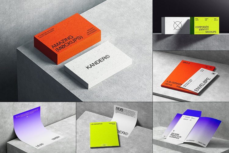 Kander Branding Mockups  16款水泥工业风名片单页信封卡片海报文具设计作品展示ps样机素材